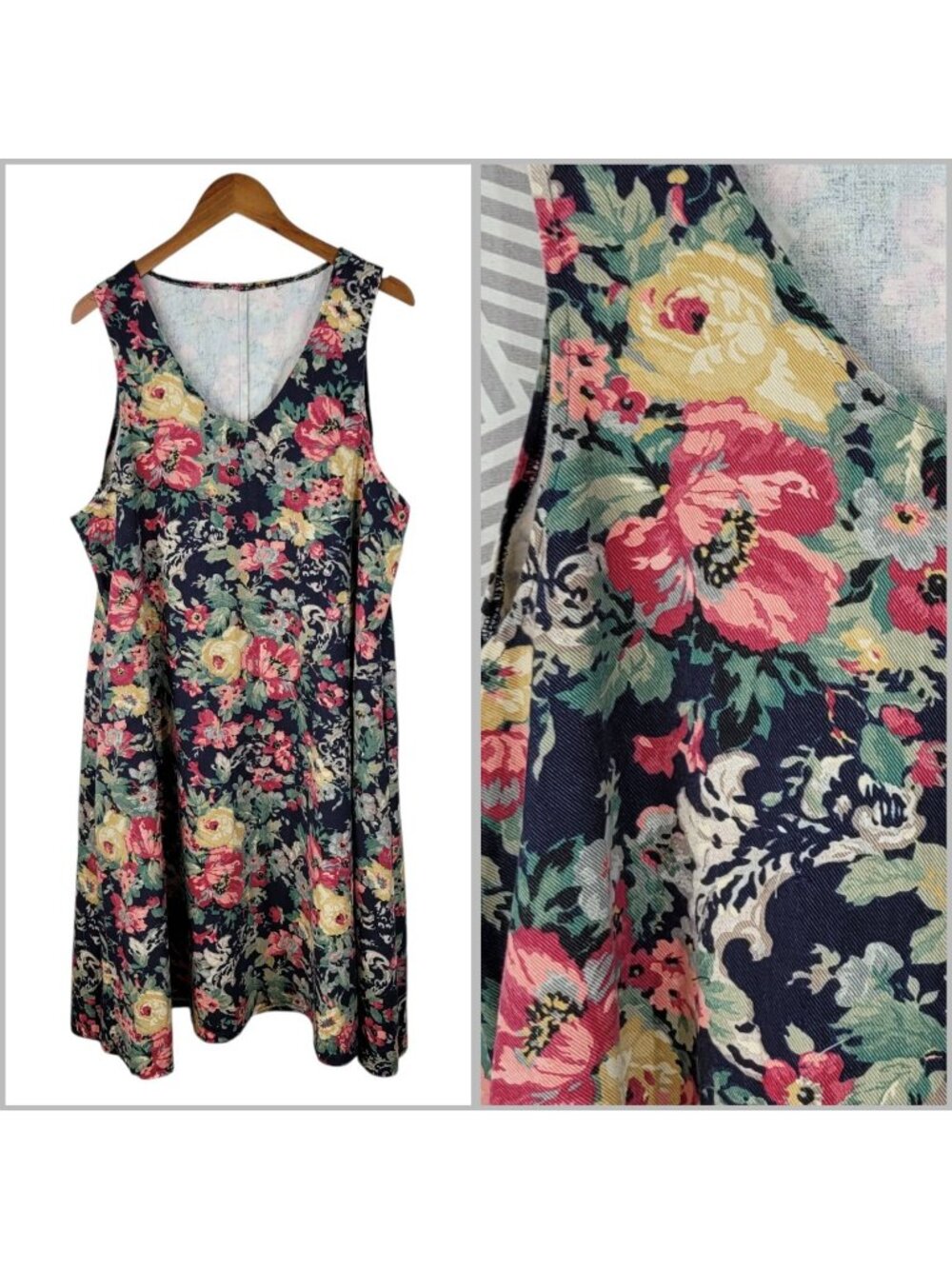 Denim Overall Shirt Dress Size Large XL Floral jean Pockets Rose Alt Grunge Midi